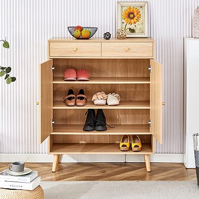 KWPZQEB Farmhouse Multi-functional Natural Wood Shoe Cabinet with 2 Doors & 2 Drawers