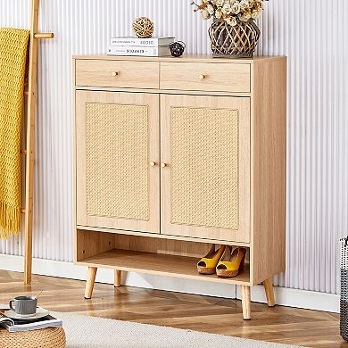 KWPZQEB Farmhouse Multi-functional Natural Wood Shoe Cabinet with 2 Doors & 2 Drawers
