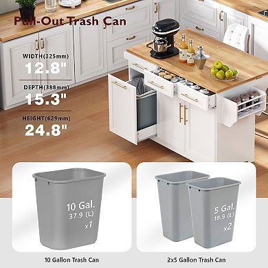 KWPZQEB Kitchen Island with Storage 2 Pull Out Cabinet & Drop Leaf, Trash Can Storage & Power Outlet