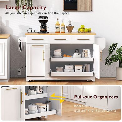 KWPZQEB Kitchen Island with Storage 2 Pull Out Cabinet & Drop Leaf, Trash Can Storage & Power Outlet