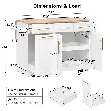 KWPZQEB Kitchen Island with Storage 2 Pull Out Cabinet & Drop Leaf, Trash Can Storage & Power Outlet