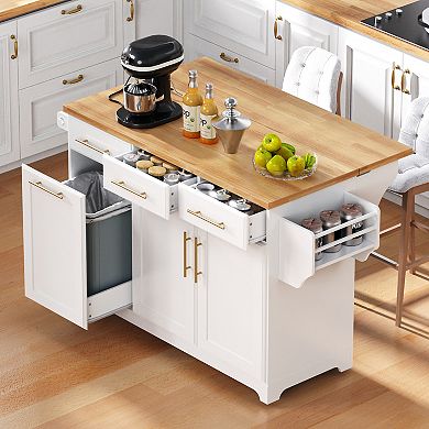 KWPZQEB Kitchen Island with Storage 2 Pull Out Cabinet & Drop Leaf, Trash Can Storage & Power Outlet