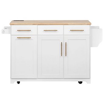 KWPZQEB Kitchen Island with Storage 2 Pull Out Cabinet & Drop Leaf, Trash Can Storage & Power Outlet