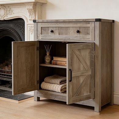 KWPZQEB Farmhouse Barn-Door Storage Cabinet with Drawer, Coffee Bar Buffet Sideboard for Kitchen
