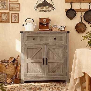 KWPZQEB Farmhouse Barn-Door Storage Cabinet with Drawer, Coffee Bar Buffet Sideboard for Kitchen