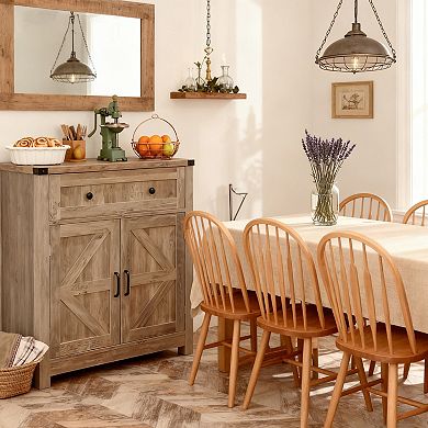KWPZQEB Farmhouse Barn-Door Storage Cabinet with Drawer, Coffee Bar Buffet Sideboard for Kitchen