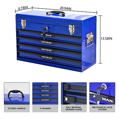 KWPZQEB Steel Portable Tool Box with 4 Drawers & Metal Lock Closure Device for Garage