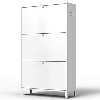 KWPZQEB Steel Shoe Cabinet with 3 Flip Drawers, Freestanding Shoe Rack Storage Organizer or Entryway