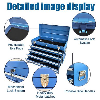 KWPZQEB Heavy Duty Metal Tool Box with 4 Drawers & EVA Liners, Multi-Function Tool Organizer