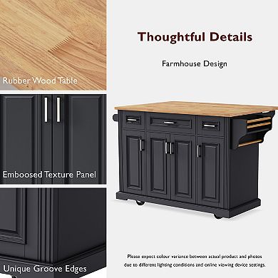 KWPZQEB Large Kitchen Island with Drop Leaf, 4 Doors & 3 Drawers, Rolling Kitchen Cart on 4 Wheels