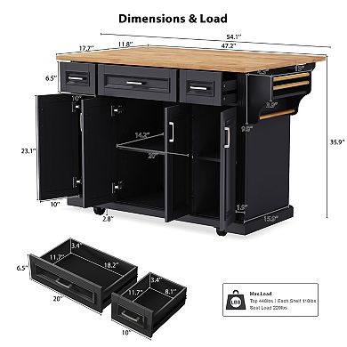 KWPZQEB Large Kitchen Island with Drop Leaf, 4 Doors & 3 Drawers, Rolling Kitchen Cart on 4 Wheels