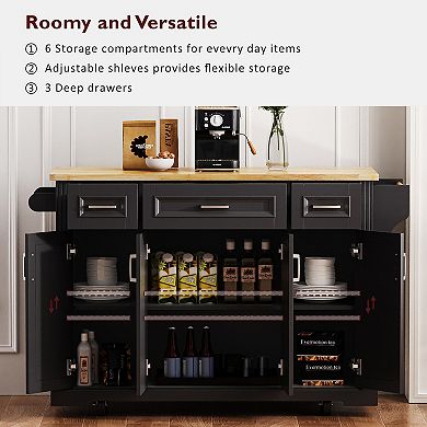 KWPZQEB Large Kitchen Island with Drop Leaf, 4 Doors & 3 Drawers, Rolling Kitchen Cart on 4 Wheels