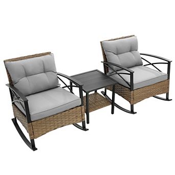 KWPZQEB Outdoor Rocking Rattan Leisure Upholstered Chairs with End Table for Garden, Patio, Beach