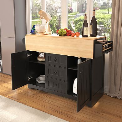 KWPZQEB Large Kitchen Island with 2 Drop Leaf & 5 Wheels, Folding Dining Table with Spice&Towel Rack