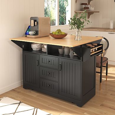 KWPZQEB Large Kitchen Island with 2 Drop Leaf & 5 Wheels, Folding Dining Table with Spice&Towel Rack