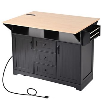 KWPZQEB Large Kitchen Island with 2 Drop Leaf & 5 Wheels, Folding Dining Table with Spice&Towel Rack