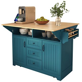 KWPZQEB Large Kitchen Island with 2 Drop Leaf & 5 Wheels, Folding Dining Table with Spice&Towel Rack