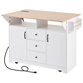 KWPZQEB Large Kitchen Island with 2 Drop Leaf & 5 Wheels, Folding Dining Table with Spice&Towel Rack