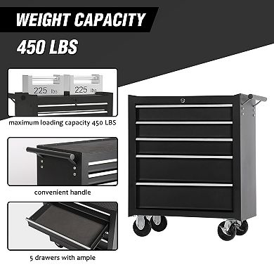 KWPZQEB Black 5-Drawer Rolling Tool Chest with Lock & Key for Garage, Warehouse, Repair Shop