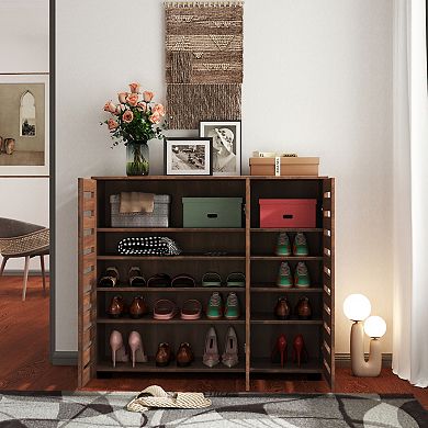 KWPZQEB Louvered Doors Shoe Cabinet with Adjustable Shelves, Wooden Shoe Rack Organizer for Entryway