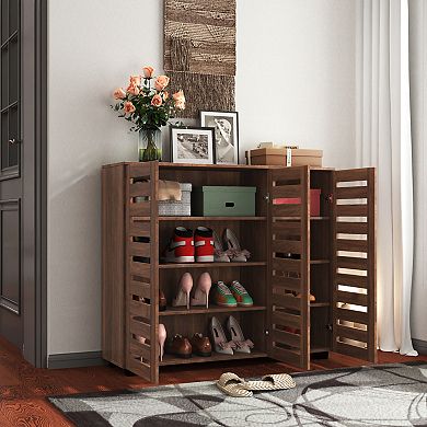 KWPZQEB Louvered Doors Shoe Cabinet with Adjustable Shelves, Wooden Shoe Rack Organizer for Entryway
