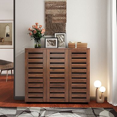 KWPZQEB Louvered Doors Shoe Cabinet with Adjustable Shelves, Wooden Shoe Rack Organizer for Entryway