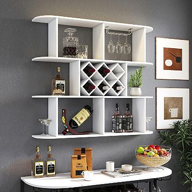 KWPZQEB Wall Mounted 3 Tier Rustic Bottle Wine Rack with Wine Glass Holder for Home Bar, Dining Room