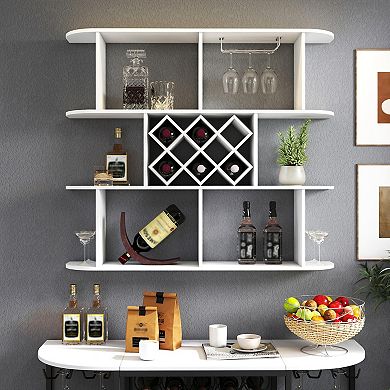 KWPZQEB Wall Mounted 3 Tier Rustic Bottle Wine Rack with Wine Glass Holder for Home Bar, Dining Room