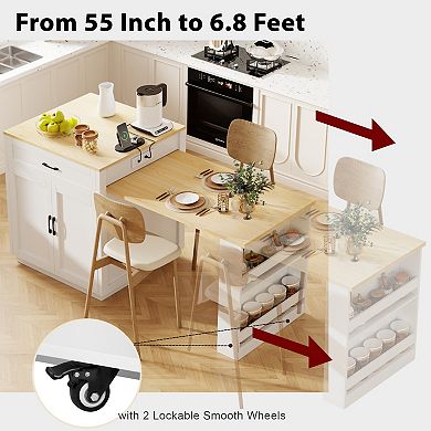 KWPZQEB Kitchen Island with Extendable Dining Table, Power Outlet & 2 Drawers & Side Open Shelves
