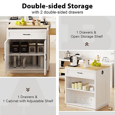 KWPZQEB Kitchen Island with Extendable Dining Table, Power Outlet & 2 Drawers & Side Open Shelves