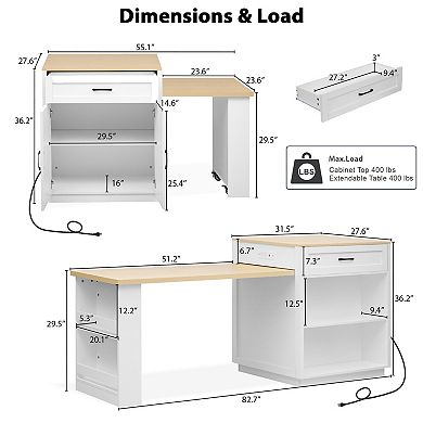 KWPZQEB Kitchen Island with Extendable Dining Table, Power Outlet & 2 Drawers & Side Open Shelves