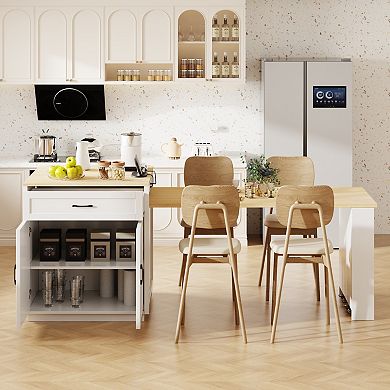 KWPZQEB Kitchen Island with Extendable Dining Table, Power Outlet & 2 Drawers & Side Open Shelves