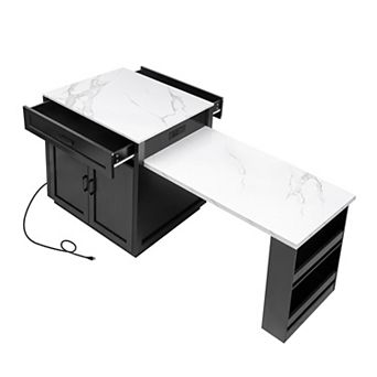 KWPZQEB Kitchen Island with Extendable Dining Table, Power Outlet & 2 Drawers & Side Open Shelves