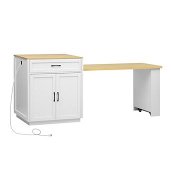 KWPZQEB Kitchen Island with Extendable Dining Table, Power Outlet & 2 Drawers & Side Open Shelves