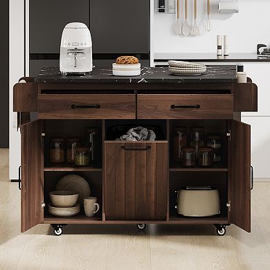 KWPZQEB Kitchen Island with Trash Can Storage Cabinet, Kitchen Cart with Drop Leaf & Spice Rack