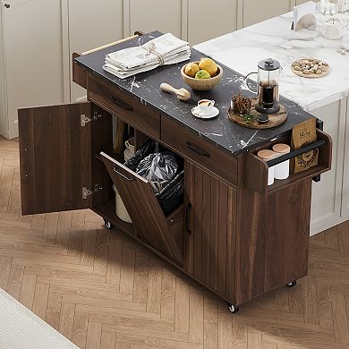 KWPZQEB Kitchen Island with Trash Can Storage Cabinet, Kitchen Cart with Drop Leaf & Spice Rack