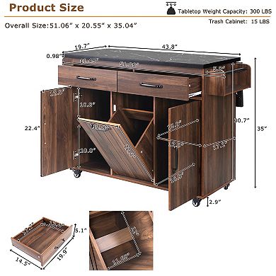 KWPZQEB Kitchen Island with Trash Can Storage Cabinet, Kitchen Cart with Drop Leaf & Spice Rack