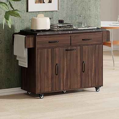 KWPZQEB Kitchen Island with Trash Can Storage Cabinet, Kitchen Cart with Drop Leaf & Spice Rack
