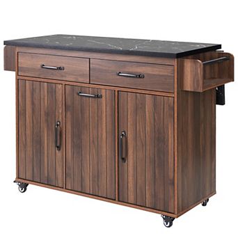 KWPZQEB Kitchen Island with Trash Can Storage Cabinet, Kitchen Cart with Drop Leaf & Spice Rack