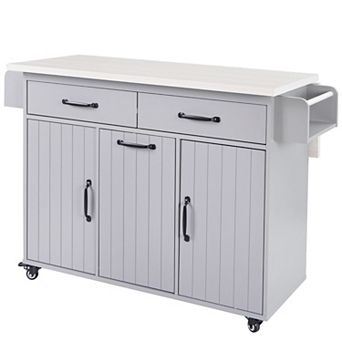 KWPZQEB Kitchen Island with Trash Can Storage Cabinet, Kitchen Cart with Drop Leaf & Spice Rack