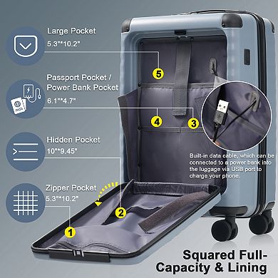 KWPZQEB Front Opening Carry on Suitcase, Expandable Luggage set of 5 with TSA Lock & Toiletry Bag
