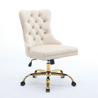 KWPZQEB Velvet Tufted Button Swivel Office Chair with Upholstered & Golden Metal Base for Home
