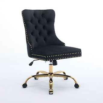 KWPZQEB Velvet Tufted Button Swivel Office Chair with Upholstered & Golden Metal Base for Home