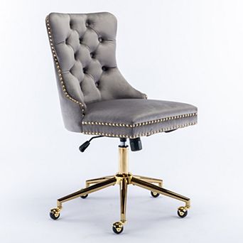 KWPZQEB Velvet Tufted Button Swivel Office Chair with Upholstered & Golden Metal Base for Home