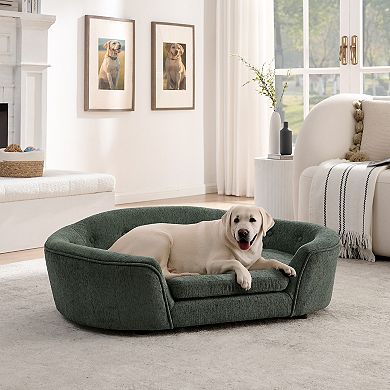 KWPZQEB Linen Material Oval Semi-Enclosed Dog Sofa with Button Tufted Backrest for Living Room