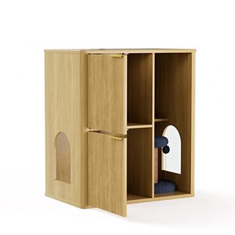 KWPZQEB Cat Litter Cabinet with Cat Tree, Grooved Concealed Litter Furniture with Storage Shelves