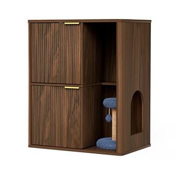 KWPZQEB Cat Litter Cabinet with Cat Tree, Grooved Concealed Litter Furniture with Storage Shelves
