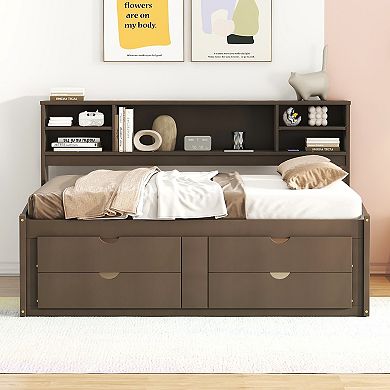 Merax Full Size Wood Daybed with 2 Bedside Cabinets, Upper Shelves and 4 Drawers