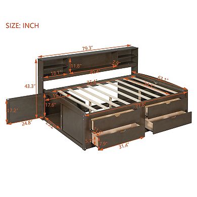 Merax Full Size Wood Daybed with 2 Bedside Cabinets, Upper Shelves and 4 Drawers