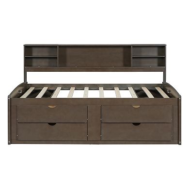 Merax Full Size Wood Daybed with 2 Bedside Cabinets, Upper Shelves and 4 Drawers